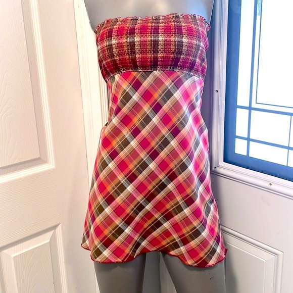 LIKE NEW SEXY GUESS JEANS RED/BLACK/GOLD PLAID BABYDOLL STRAPLESS BLOUSE Sz M - Picture 1 of 6